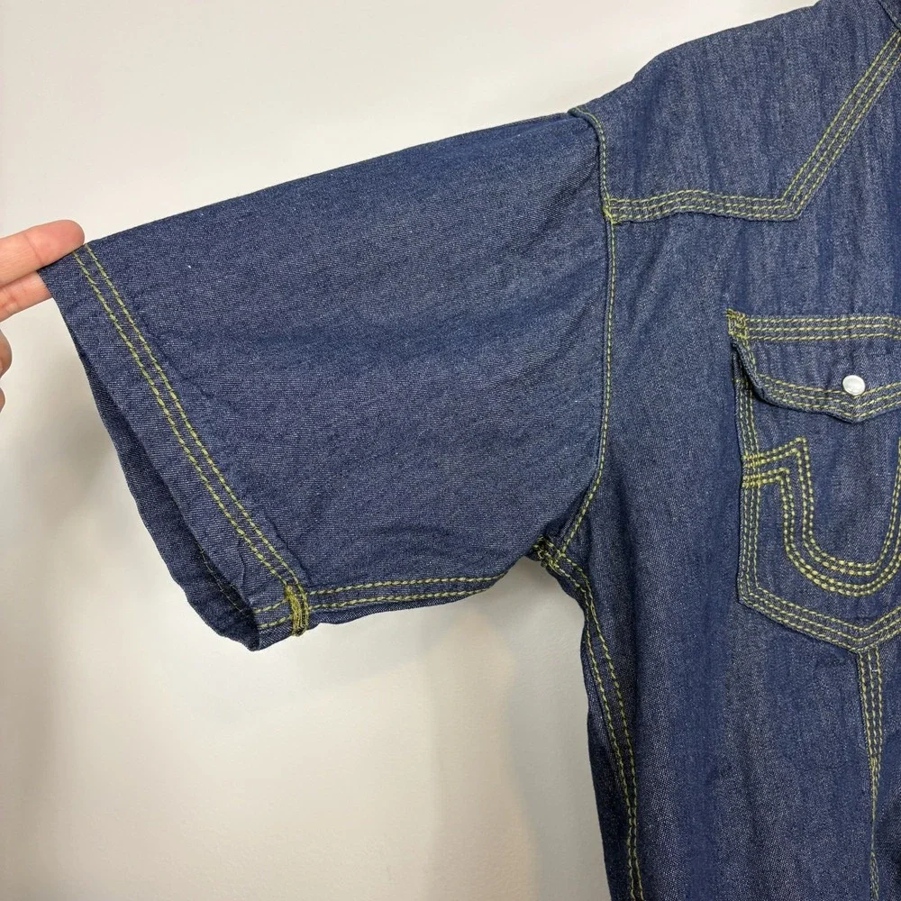 Vtg Y2K True Religion Joey Denim Western Shirt Sz XXXL Pearl Snap Short Sleeve